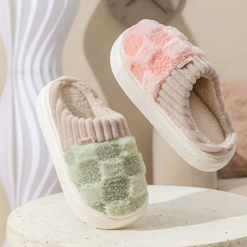 Women's plush indoor slippers in grey with round toe, non-slip PVC sole, and coral velvet upper.