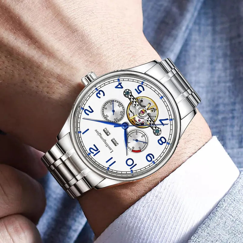 Men's stainless steel mechanical watch with sapphire crystal and leather strap on wrist
