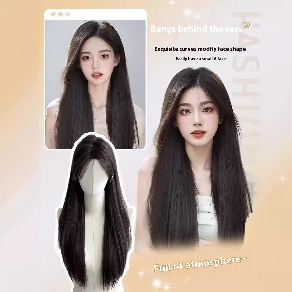 Long straight synthetic wig with side bangs and forehead lace front in dark brown colour.