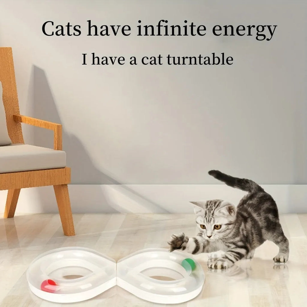 Blue and white cat turntable track ball toy with rotating ball stick for self-play.
