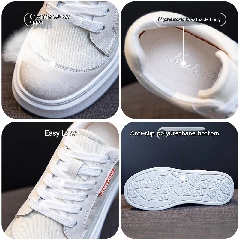Women's pink and beige leather board shoes with thick height-increasing soles, shown in sizes 31-40.