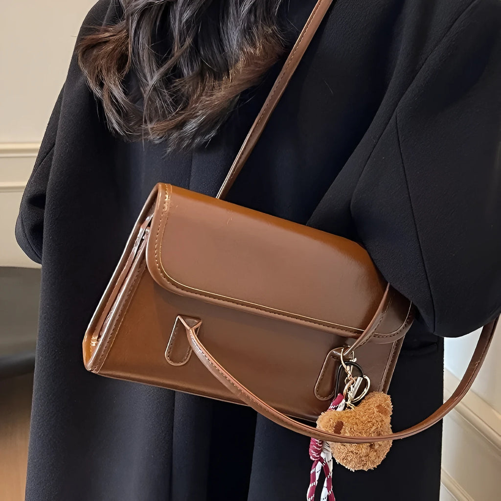 Women's Maillard style PU shoulder bag in brown with horizontal square shape and double strap