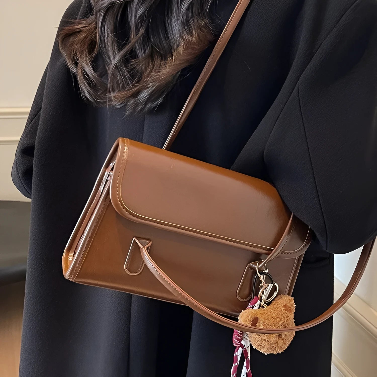 Women's Maillard style PU shoulder bag in brown with horizontal square shape and double strap