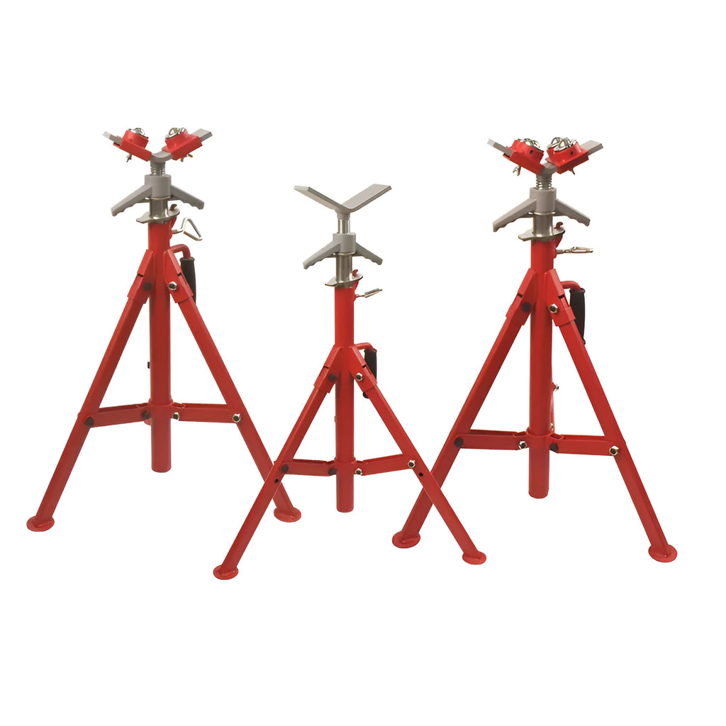 Metal V-head pipe support bracket for steel pipe, shown in high and low configurations with ball joint options.