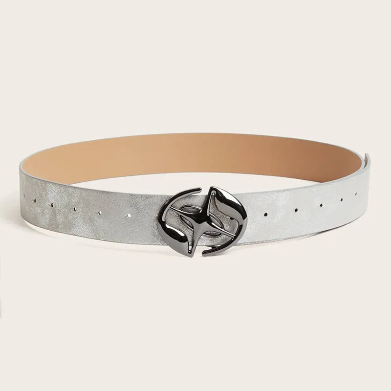 Retro women's belt with oval alloy buckle on thick 4cm+ PU leather strap in earth grey white colour