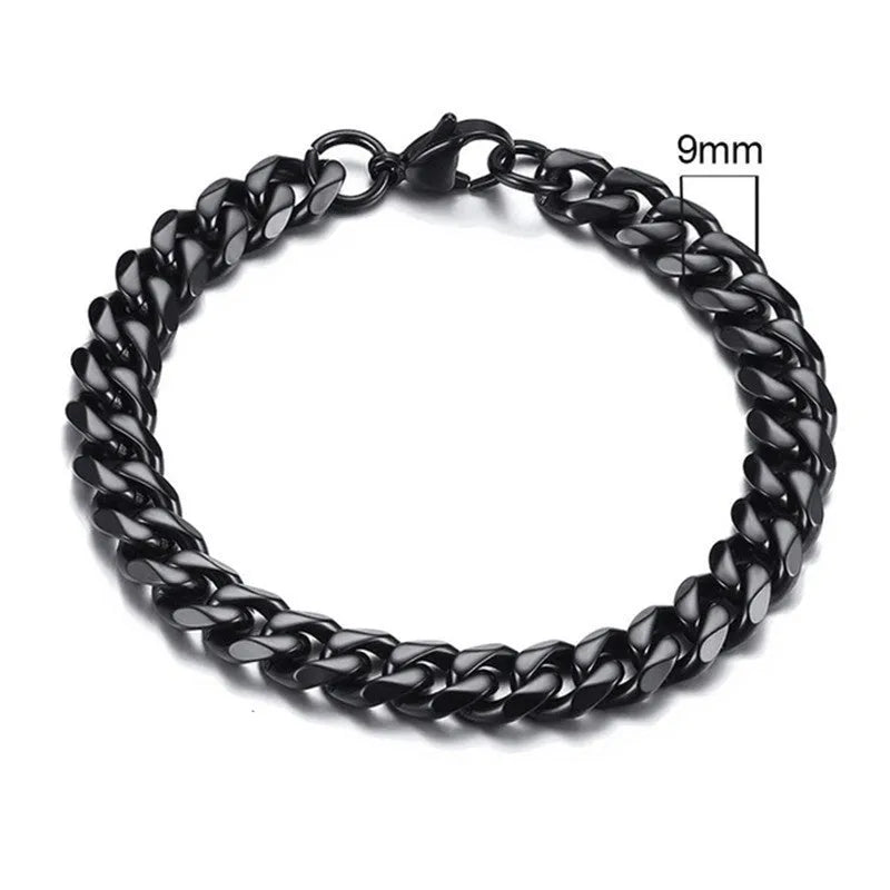 Gold six-sided geometric Cuban link metal bracelet on wrist, showing textured chain design.