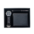 Creative holiday gift set featuring a watch, wallet, and pen in a modern simplicity style gift box.