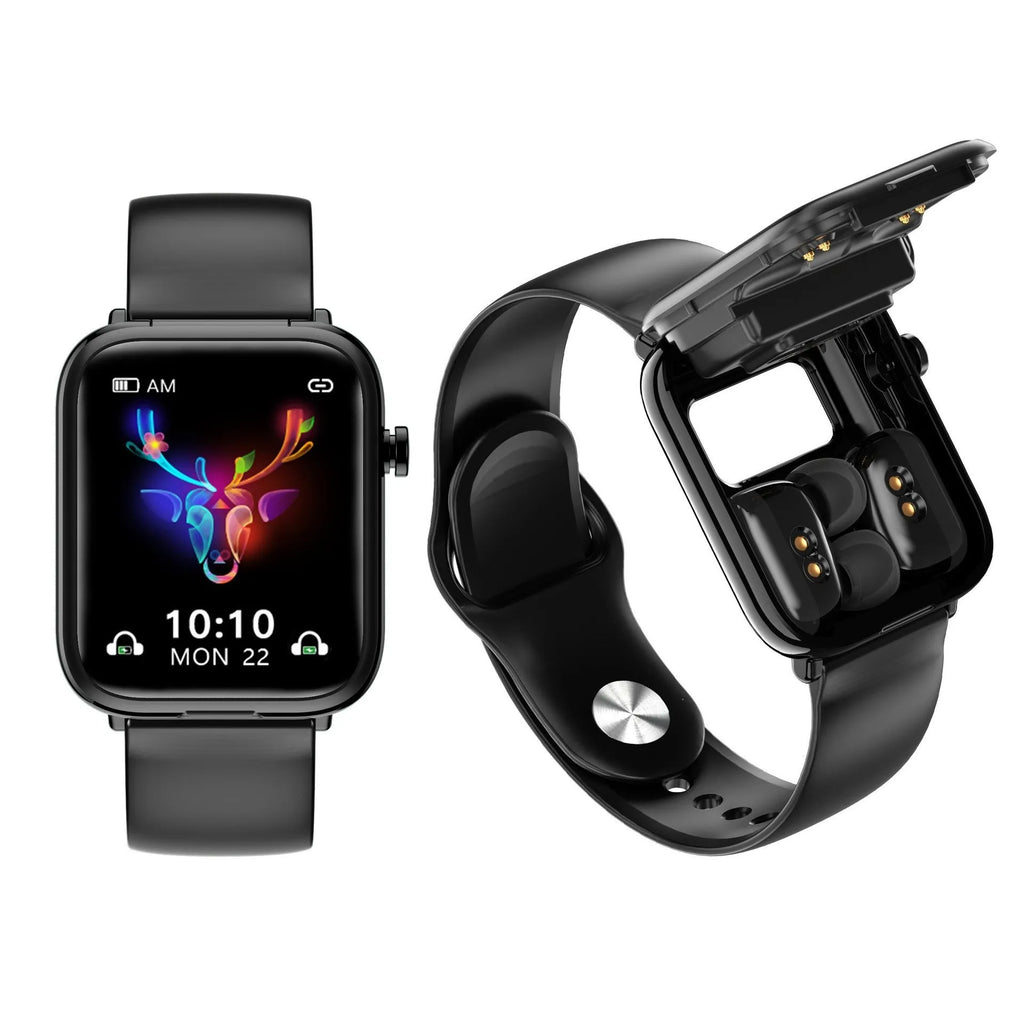 Black smart watch with touch screen and integrated Bluetooth headset on wrist
