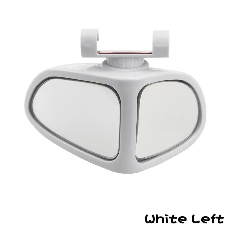 Adjustable wide-angle car reversing mirror on a vehicle, showing black ABS shell.