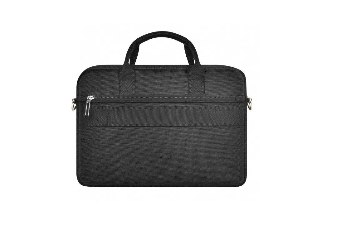 Black Oxford cloth laptop backpack showing multi-pocket design and lock closure, sized for 14 or 15.6 inch devices.