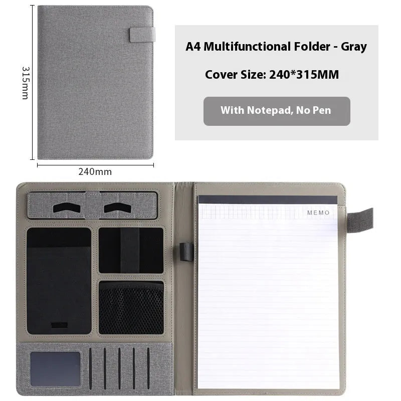 A4 leather business folder in black with pen and notepad options for office use