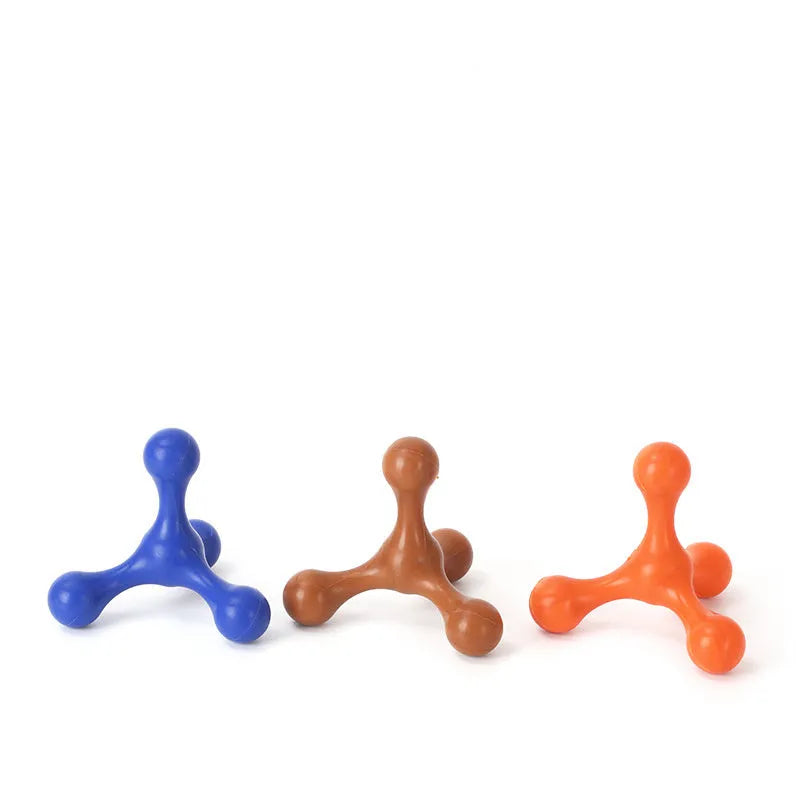 Three-legged silicone chew toy for puppies in blue, green, purple, red colours