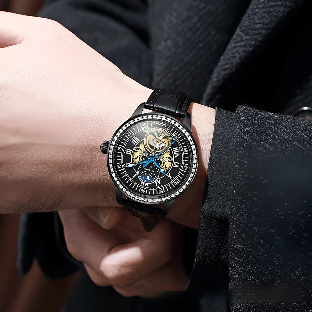 Men's waterproof mechanical watch with stainless steel strap, round dial, and transparent case back showing the movement.