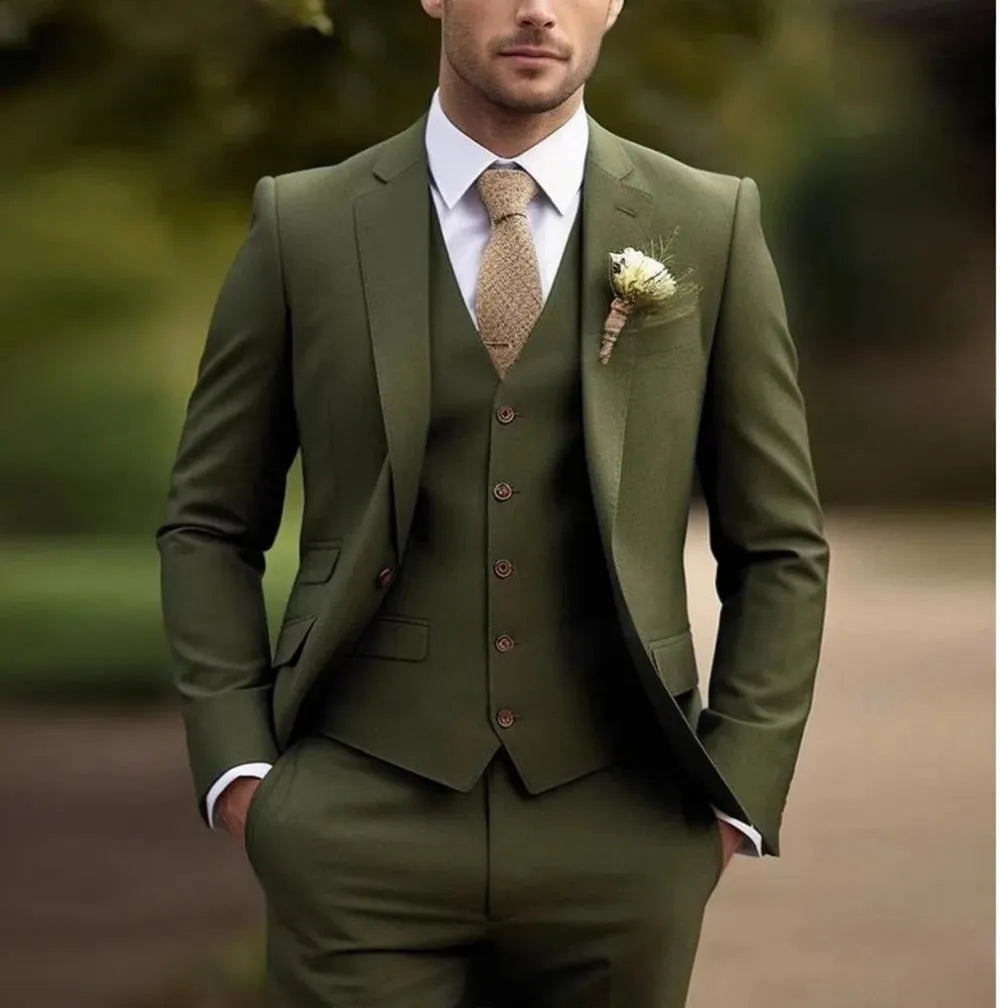 Men's three-piece slim fit suit in chemical fibre blend fabric available in multiple colours