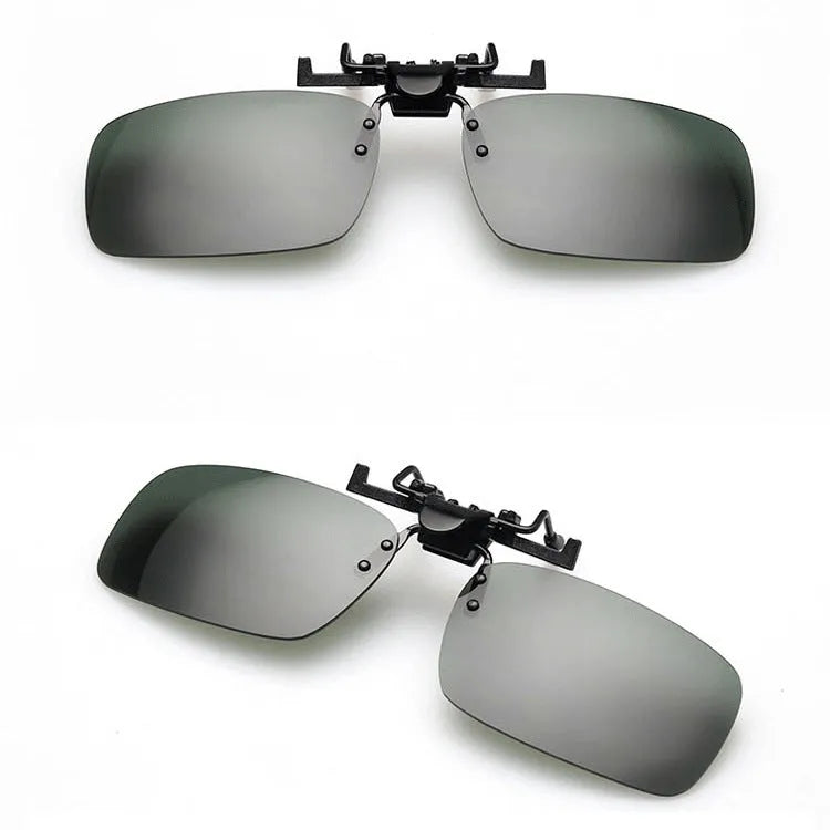 A polycarbonate sunglasses clip for prescription glasses, shown in large and small frame sizes with grey, dark green, and night vision lens options.