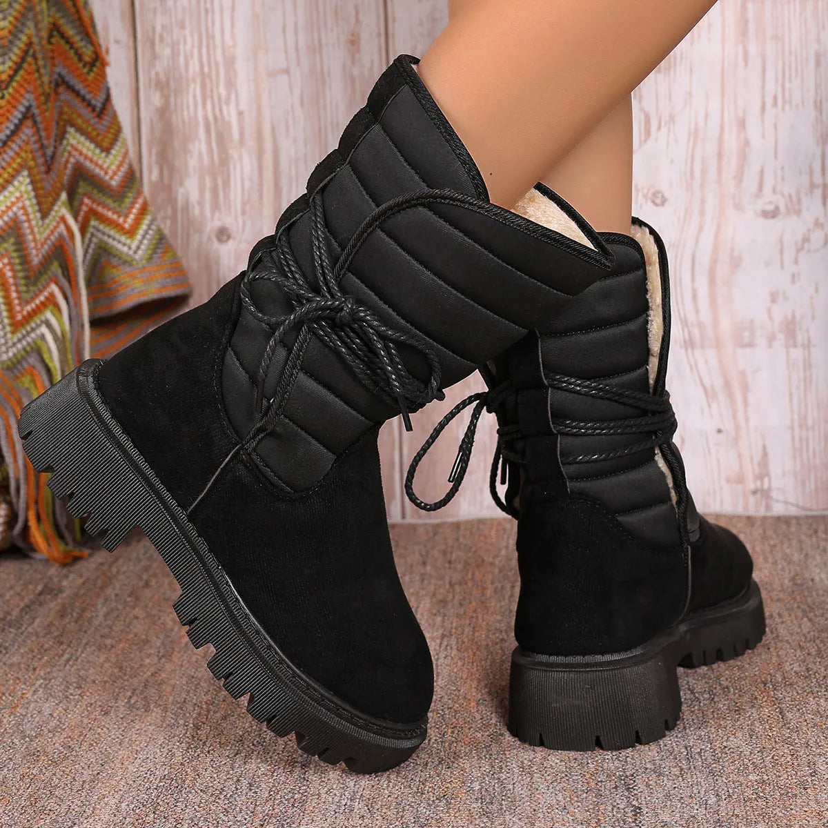 Women's black suede snow boots with chunky heel, lace-up front, and fleece lining.