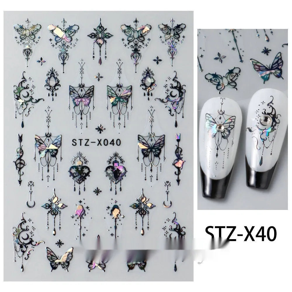 Cartoon nail art stickers with black and silver strip love pattern design