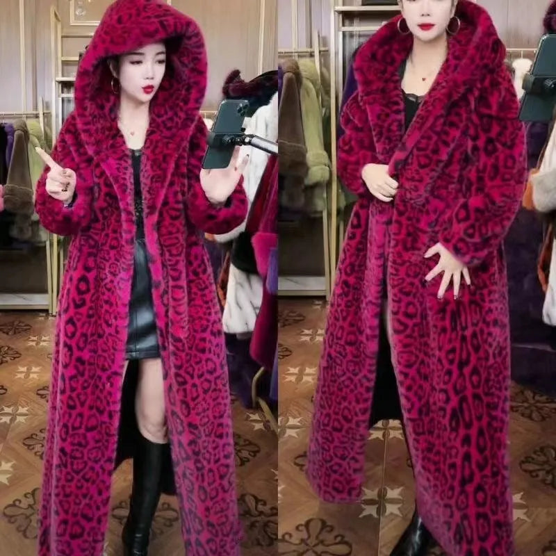Long brown leopard print plus size faux fur coat on a hanger