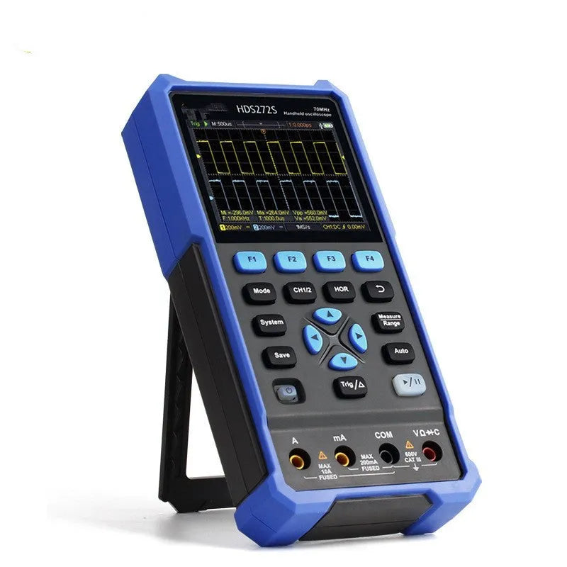 Owon HDS272 handheld digital oscilloscope with probe and accessories on a workbench