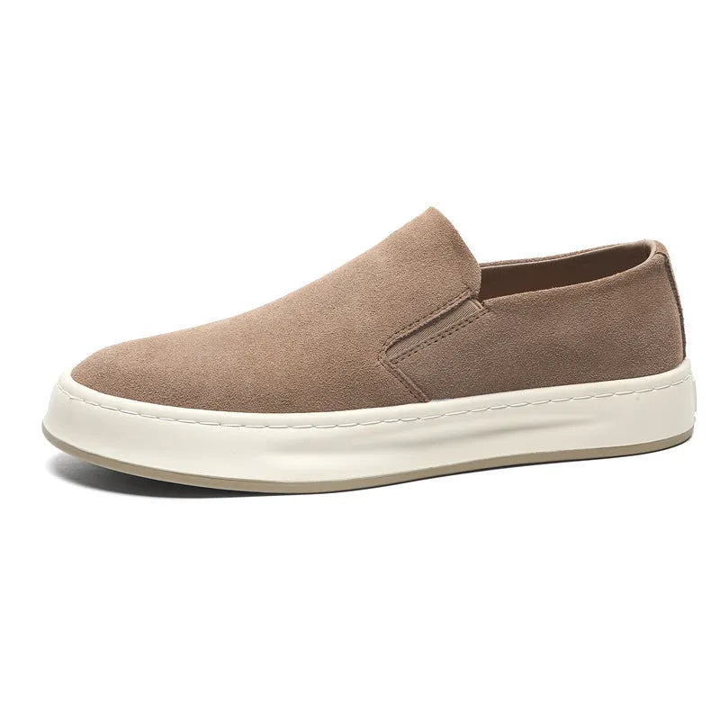 Men's grey and apricot casual shoes with round toe design and rubber sole