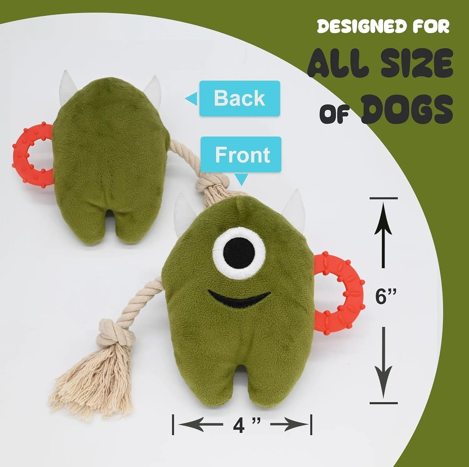 Blue and green plush monster dog toy with integrated cotton rope tug handle