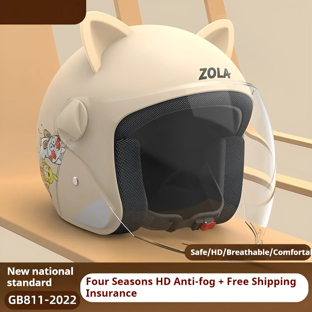Blue winter electric bicycle helmet with attached ear scarf and a clear anti-fog visor.