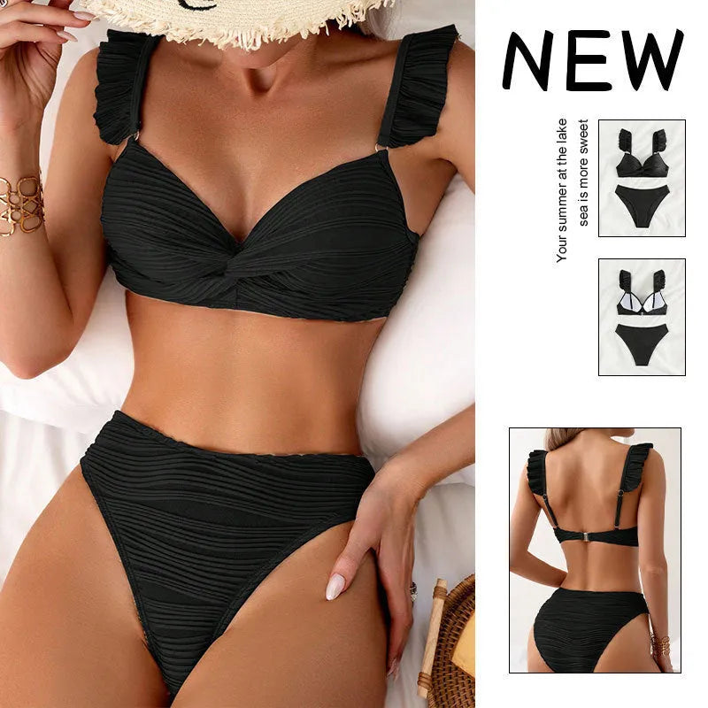 Women's solid colour bikini swimsuit in black or khaki, showing front view of two-piece design.