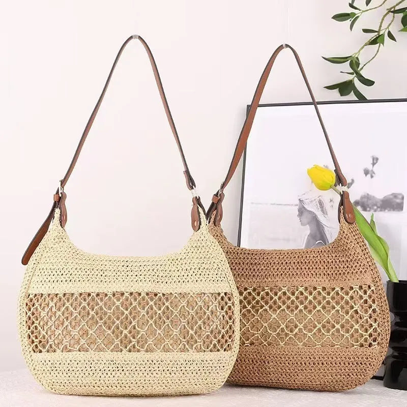 Women's straw cross body bag in horizontal square shape with sandwich pockets, shown in khaki colour