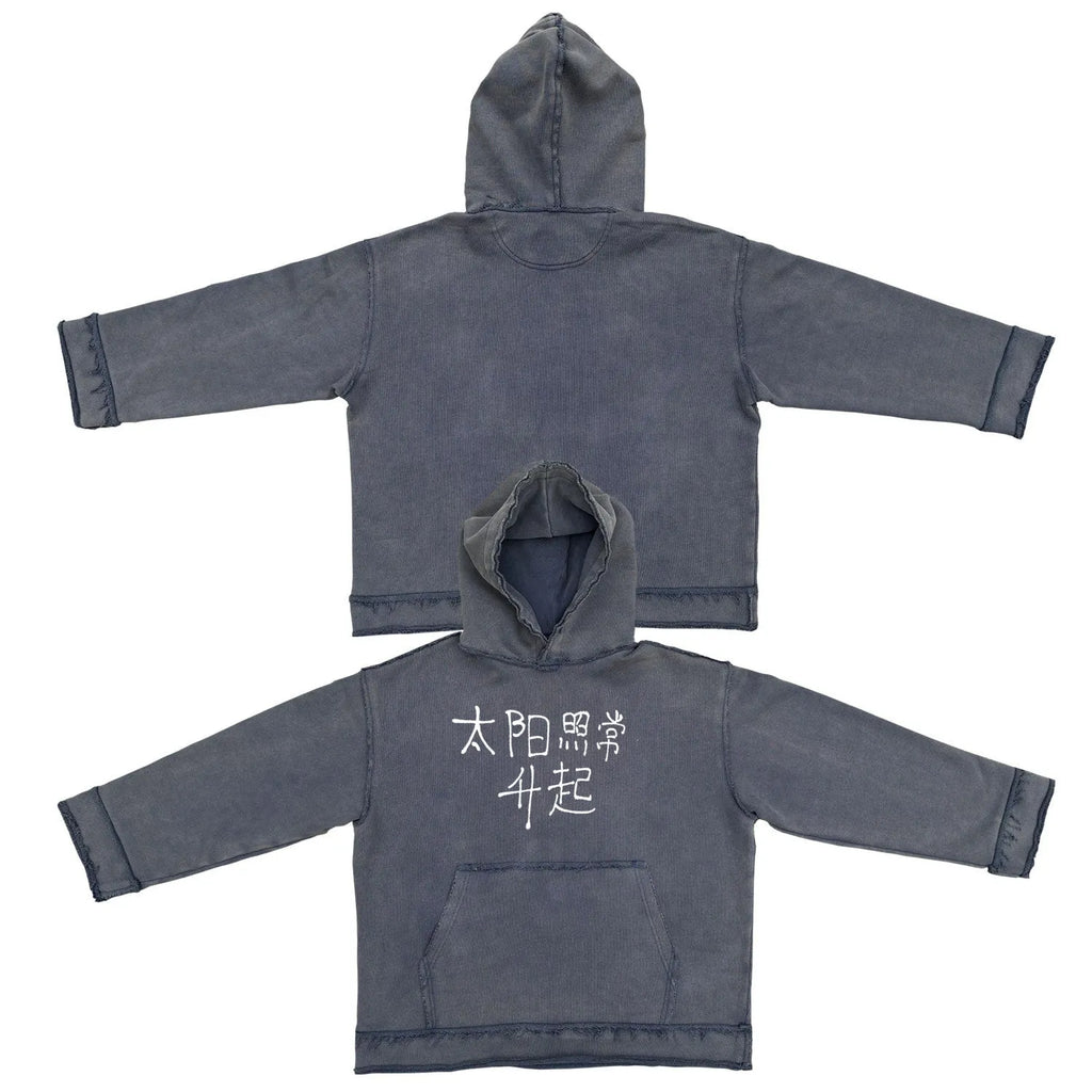 Dark blue hoodie sweater with back design detail shown in M, L, and XL sizes