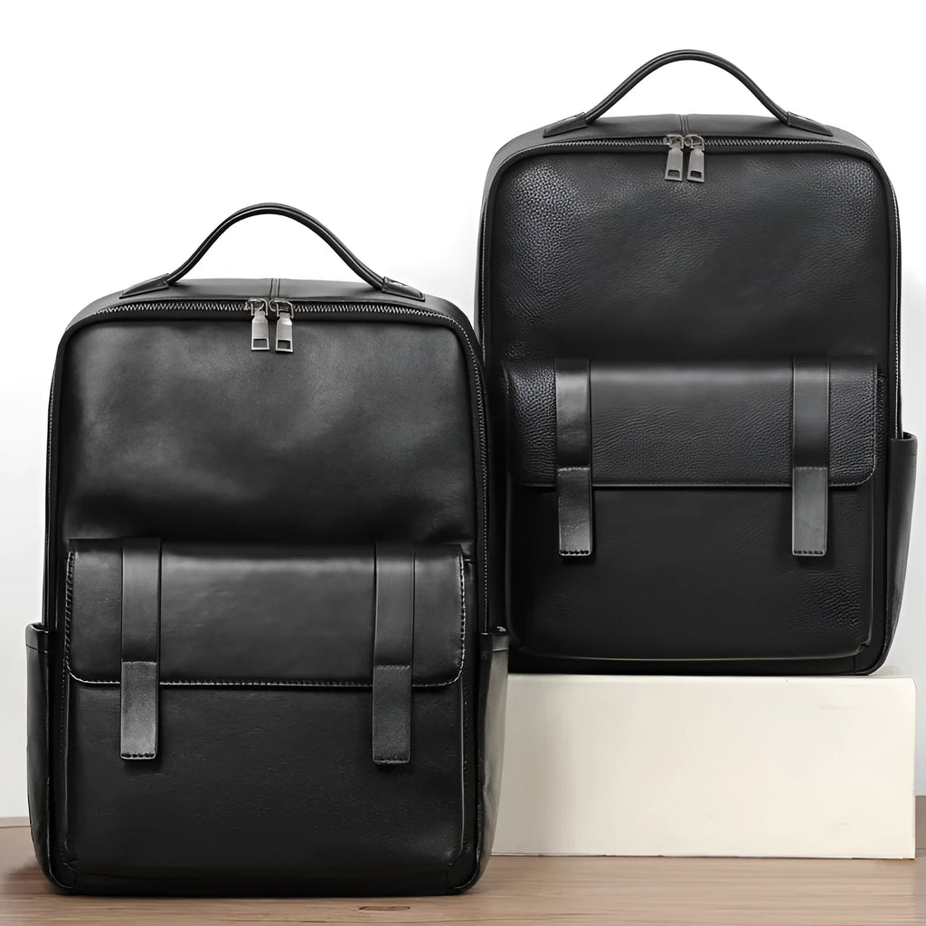Men's black leather computer backpack with 36-55L capacity and physiological curve back plate