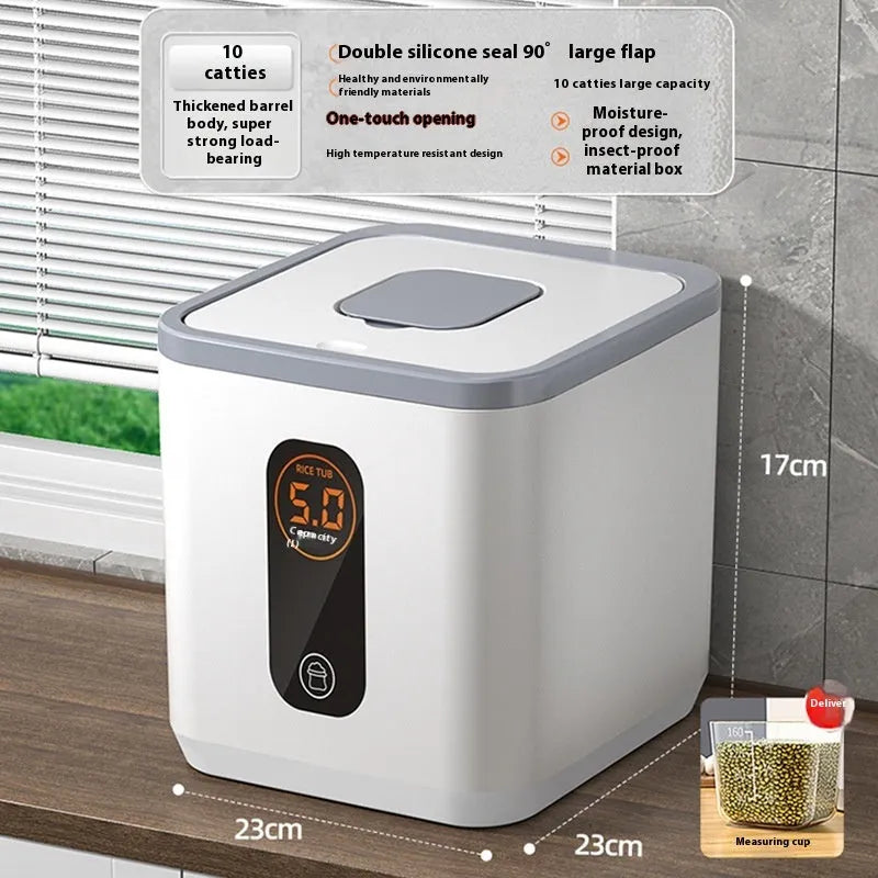 Grey plastic rice storage jar with sealed lid and measuring cup for kitchen grain storage