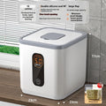 Grey plastic rice storage jar with sealed lid and measuring cup for kitchen grain storage