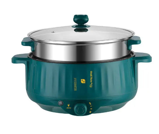 White electric hot pot with non-stick interior and UK plug on kitchen counter