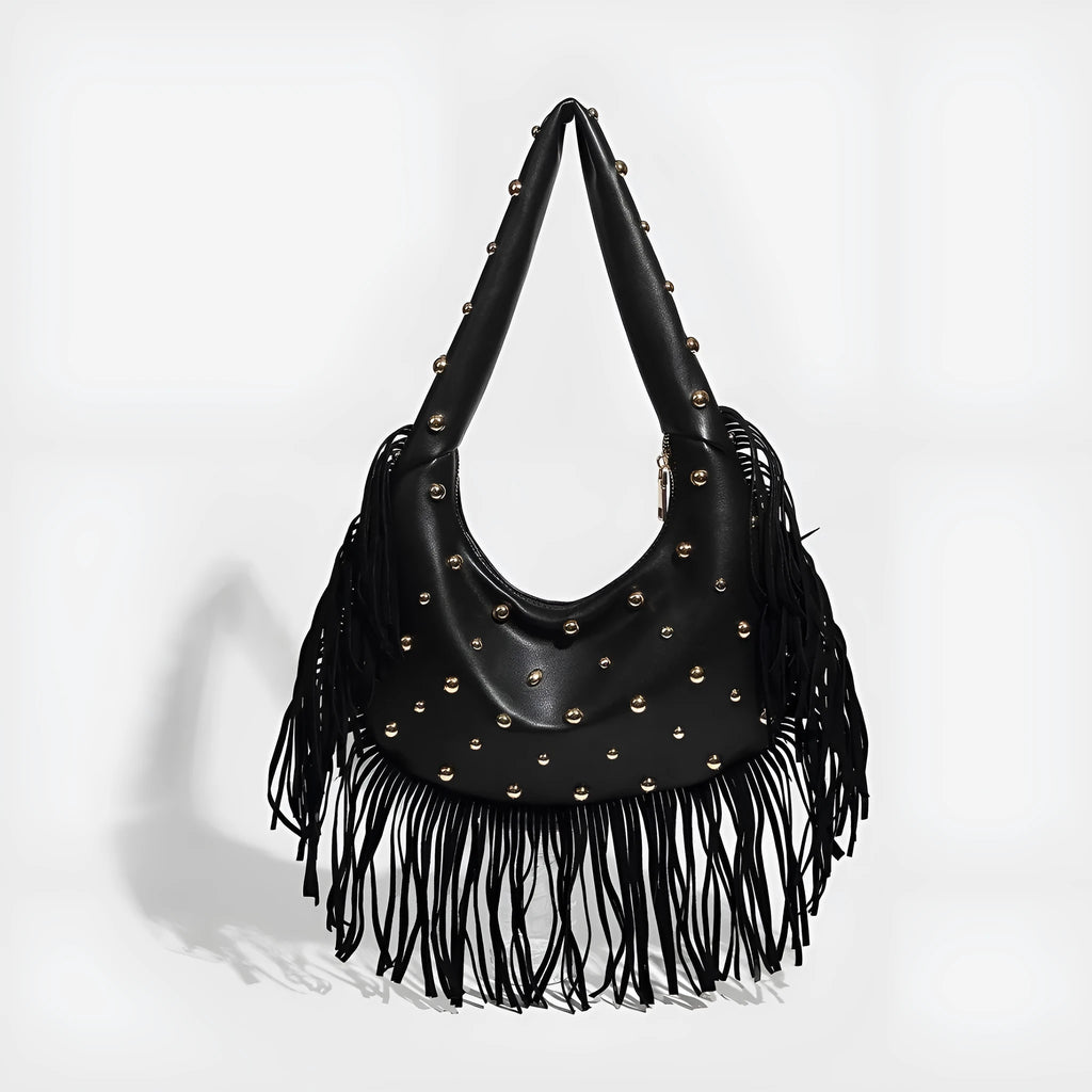 Retro tassel shoulder handbag in black or wine red with internal mobile phone compartment