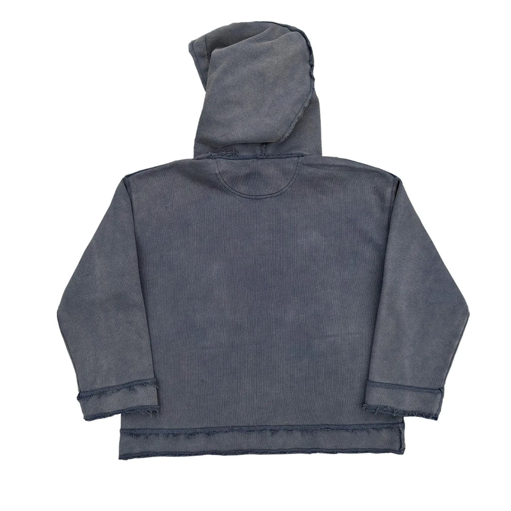 Dark blue hoodie sweater with back design detail shown in M, L, and XL sizes