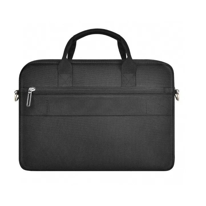 Black Oxford cloth laptop backpack showing multi-pocket design and lock closure, sized for 14 or 15.6 inch devices.