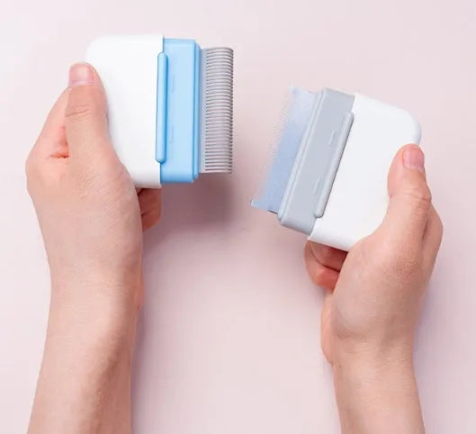 Plastic pet grooming comb for cats and dogs in blue, pink, grey, brown, and green, with double head pocket, pebble, and hook comb styles