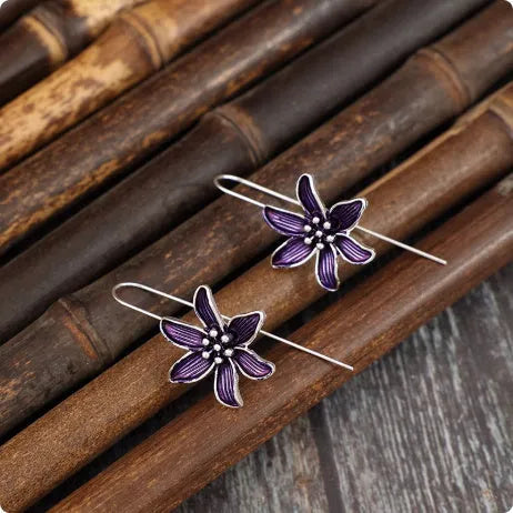 Purple flower retro alloy drop earrings with silver-tone electroplated finish