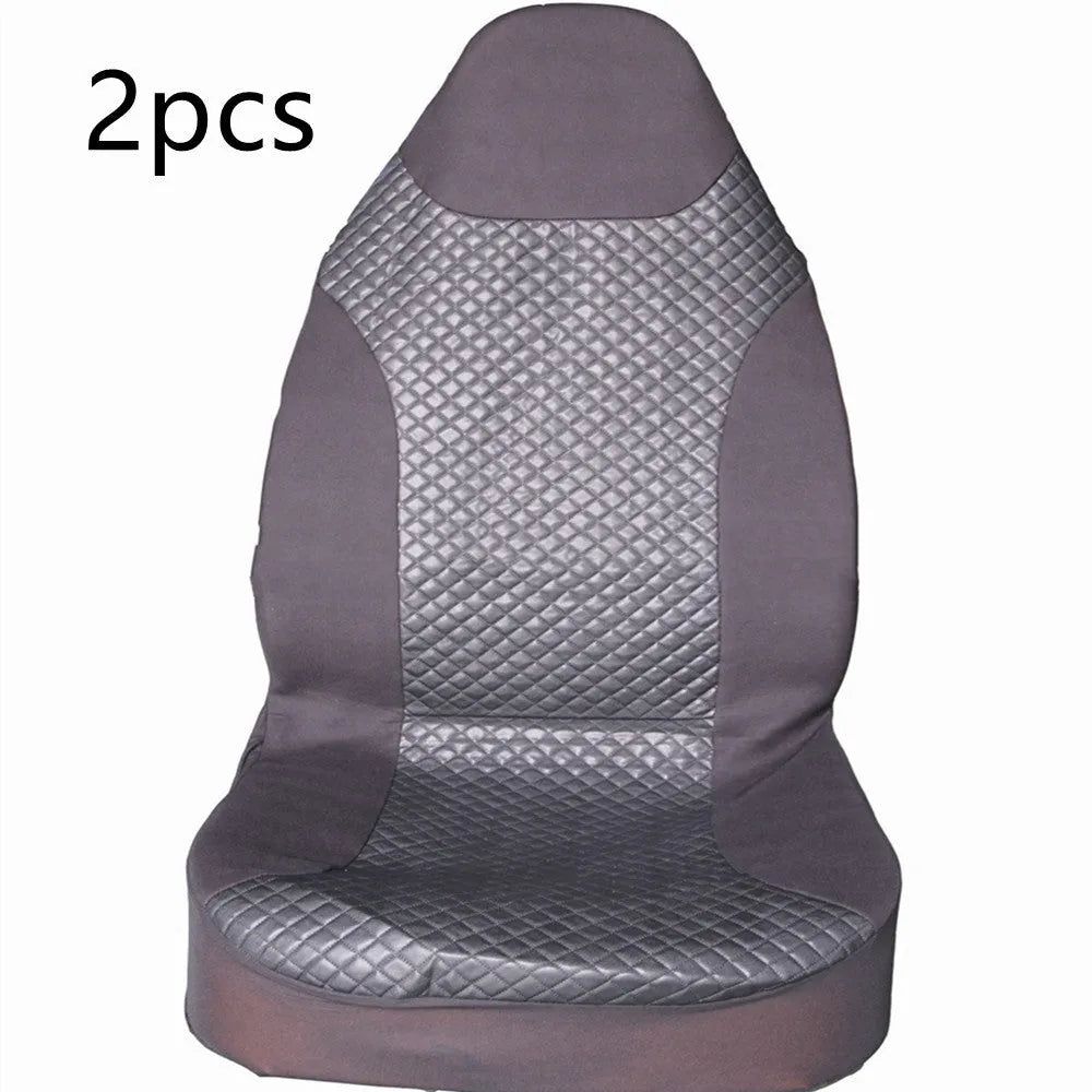 Black quilted car seat cover made from PU and polyester fabric with plastic installation hooks.