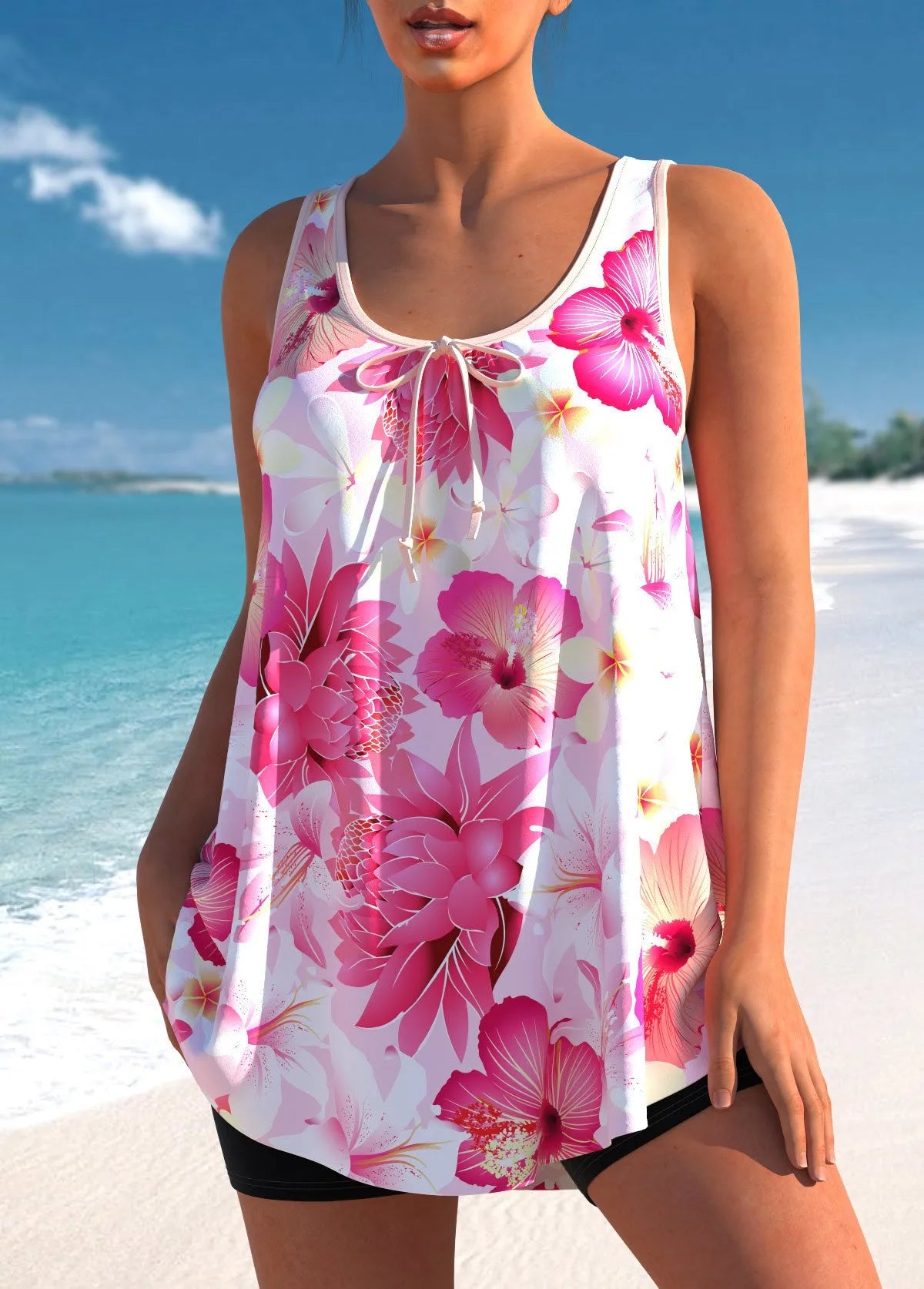 Pink floral printed plus size tankini swimsuit set with high-waist briefs on a mannequin