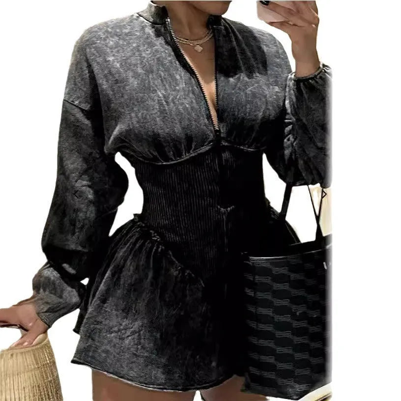 Gray digital print A-line dress with long sleeves, mid-waist cut, and front zipper closure
