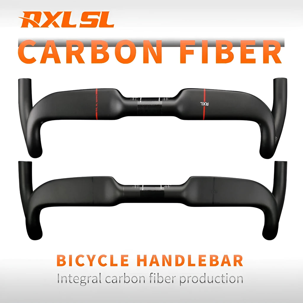 Carbon fibre road bicycle handlebar showing red double line graphic and 420mm width
