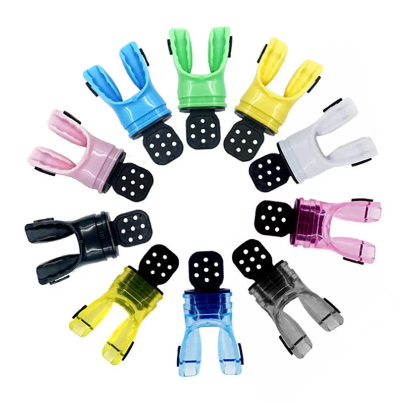 Edible silicone plastic-free diving mouthpiece with removable bite block in assorted colours.