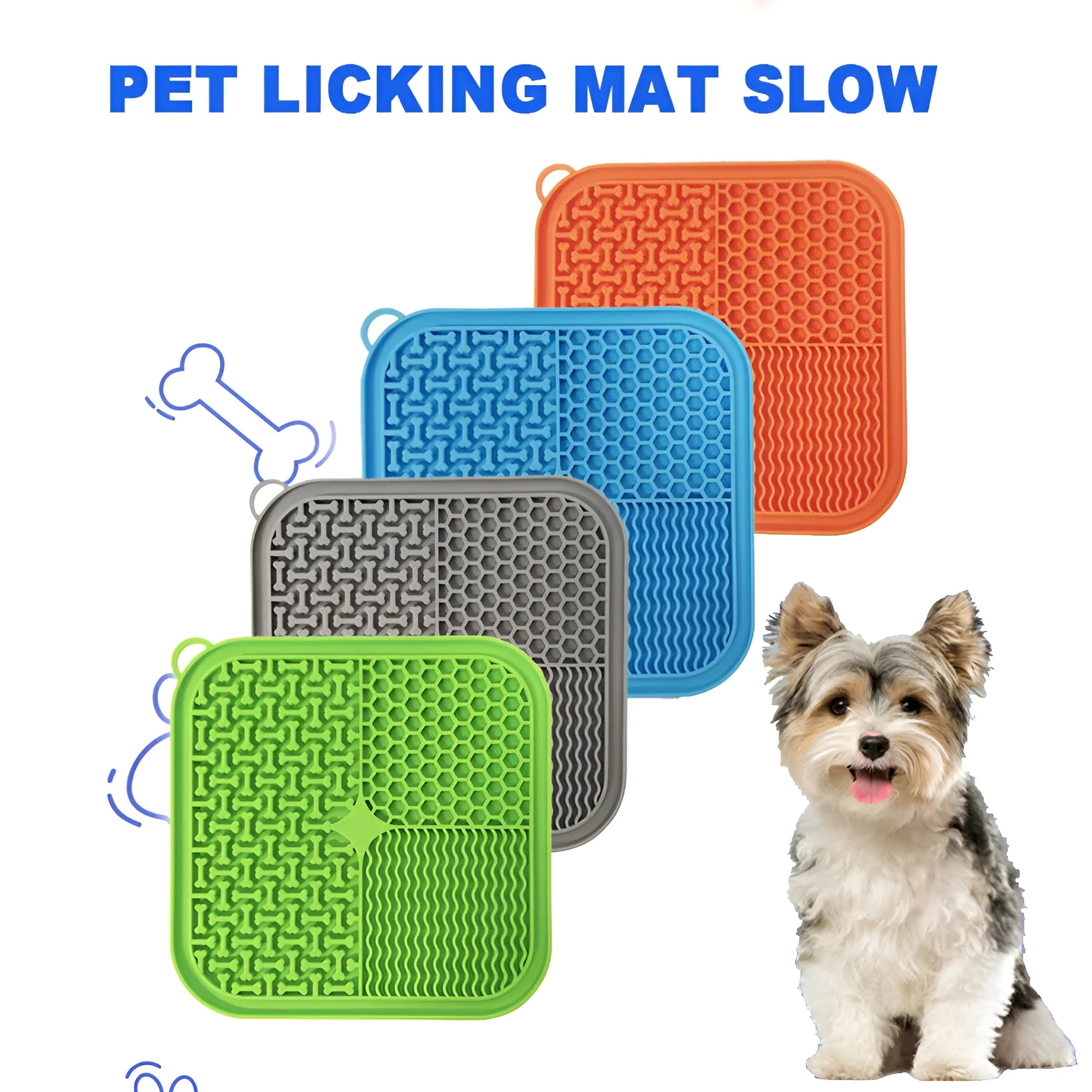 Square orange silicone dog licking mat with suction cups on back and textured surface