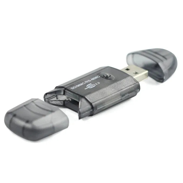 Transparent USB card reader with LED light for SD and MS memory cards.