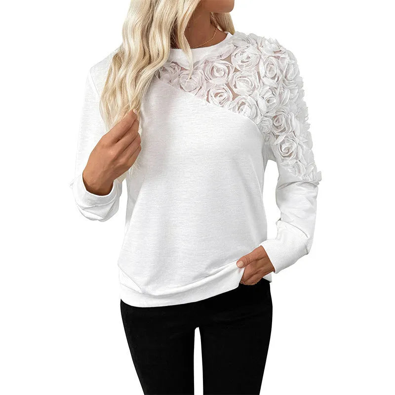 White floral pattern women's long sleeve pullover top with loose fit
