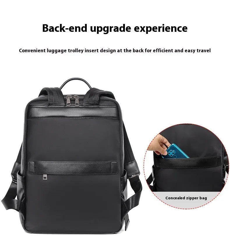 Men's black leather computer backpack with 36-55L capacity and physiological curve back plate