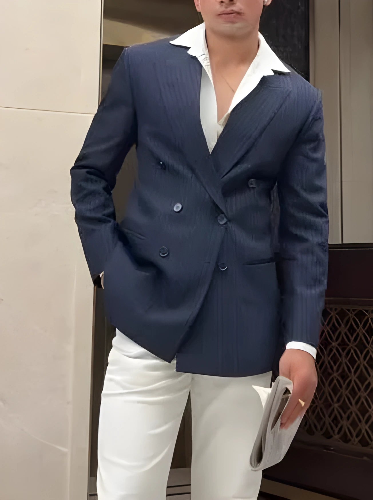 Men's striped double breasted blazer with regular fit and polyester construction
