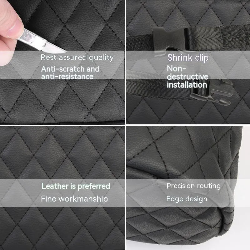 Black leather car hanging storage bag measuring 25cm square with 8cm depth