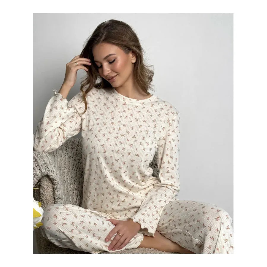 Women's white floral print pyjama suit with bell sleeve top and wide leg trousers